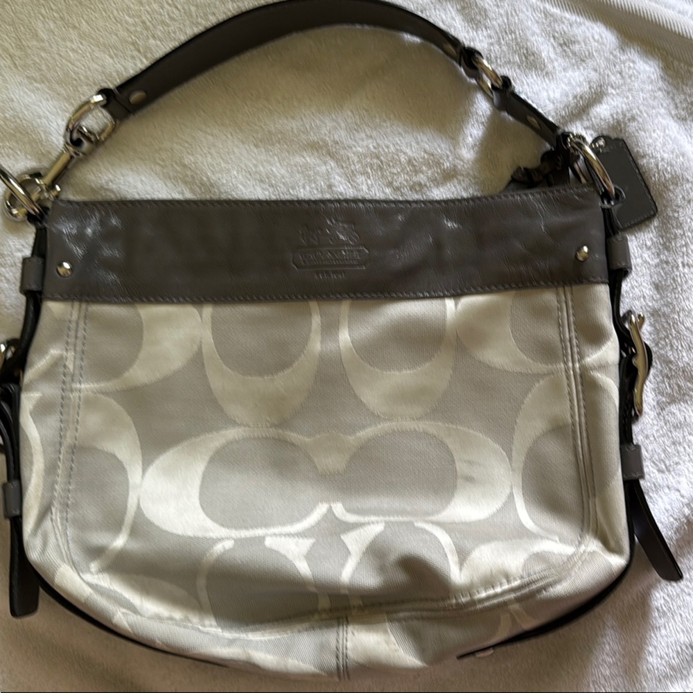 Coach Gray and Cream Shoulder Bag with Signature Style